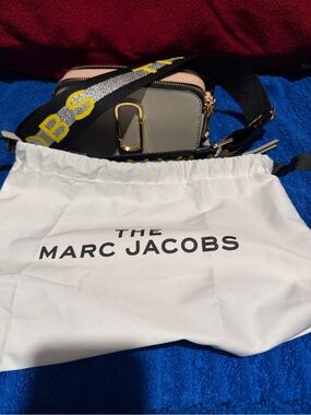 Marc Jacobs Compact Camera Bag in Gray with Pink Trim and Black Logo Strap